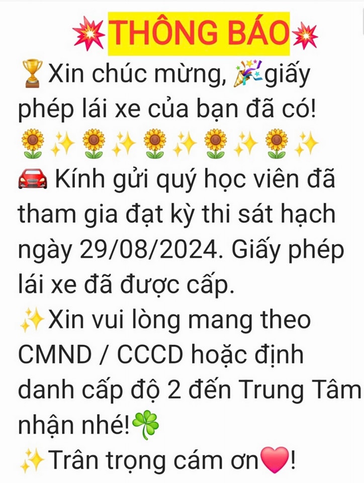 Giấy phép lái xe thi sát hạch ngày 29.08.2024